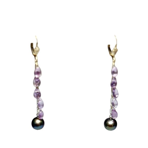 Amethyst Drop Dangle Earrings with Black Pearl Accents for Women - Picture 6 of 6